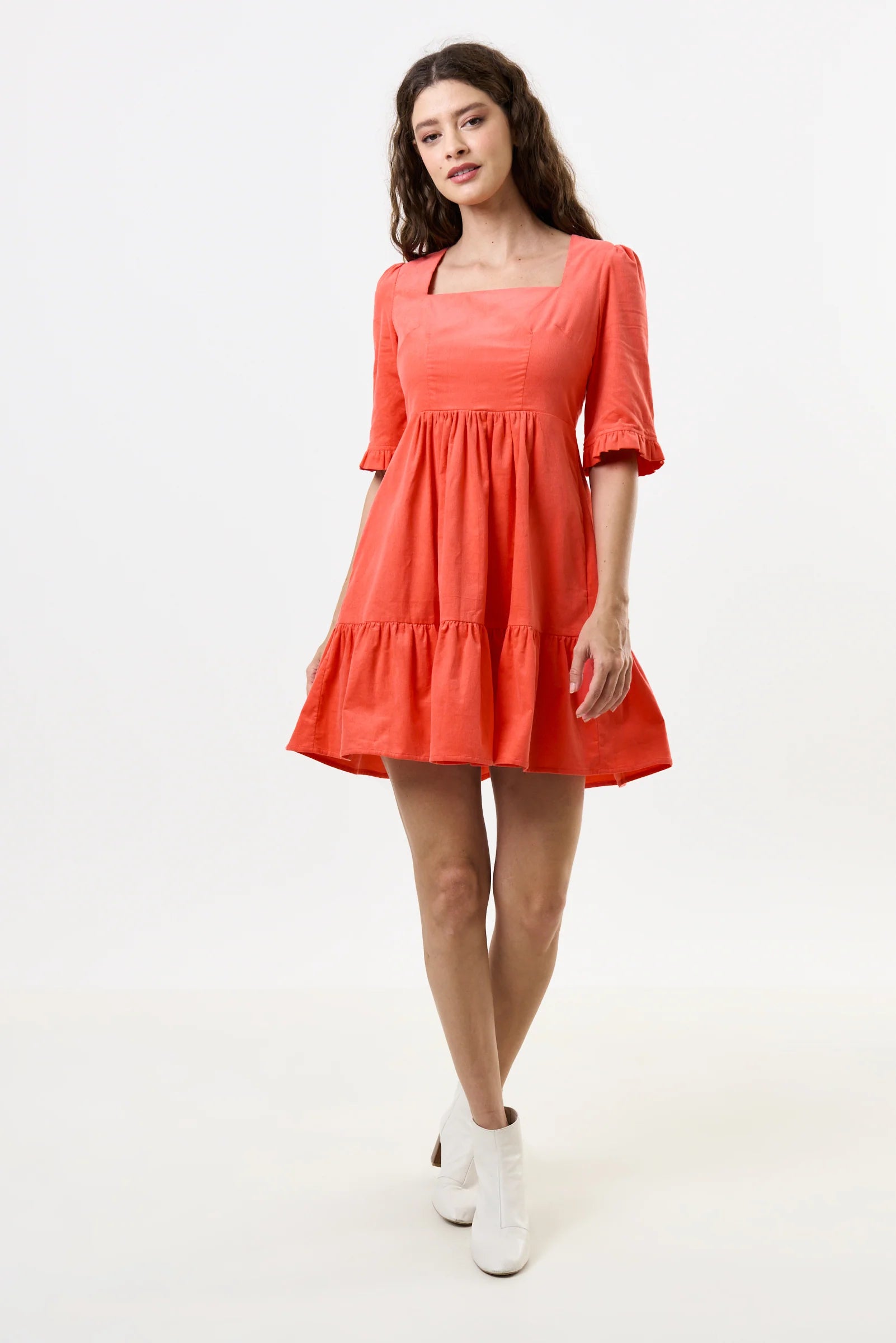 Sassa Lightweight Baby Cord Tiered Mini Dress - Apricot Dresses 8 8 10 12 14 16