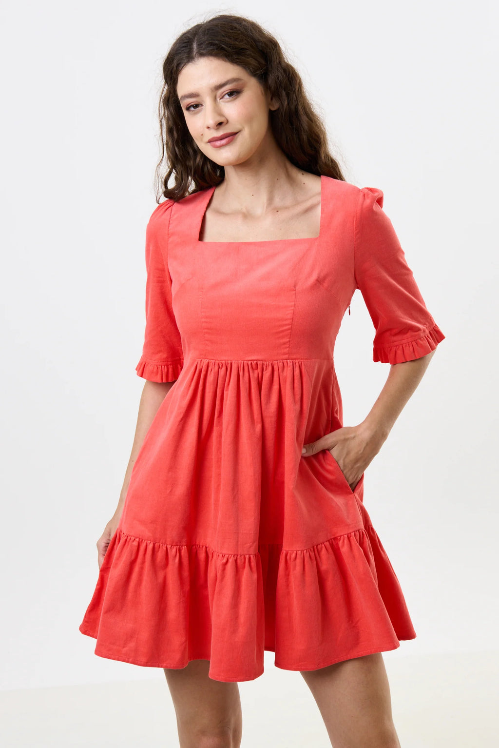 Sassa Lightweight Baby Cord Tiered Mini Dress - Apricot Dresses 8 8 10 12 14 16