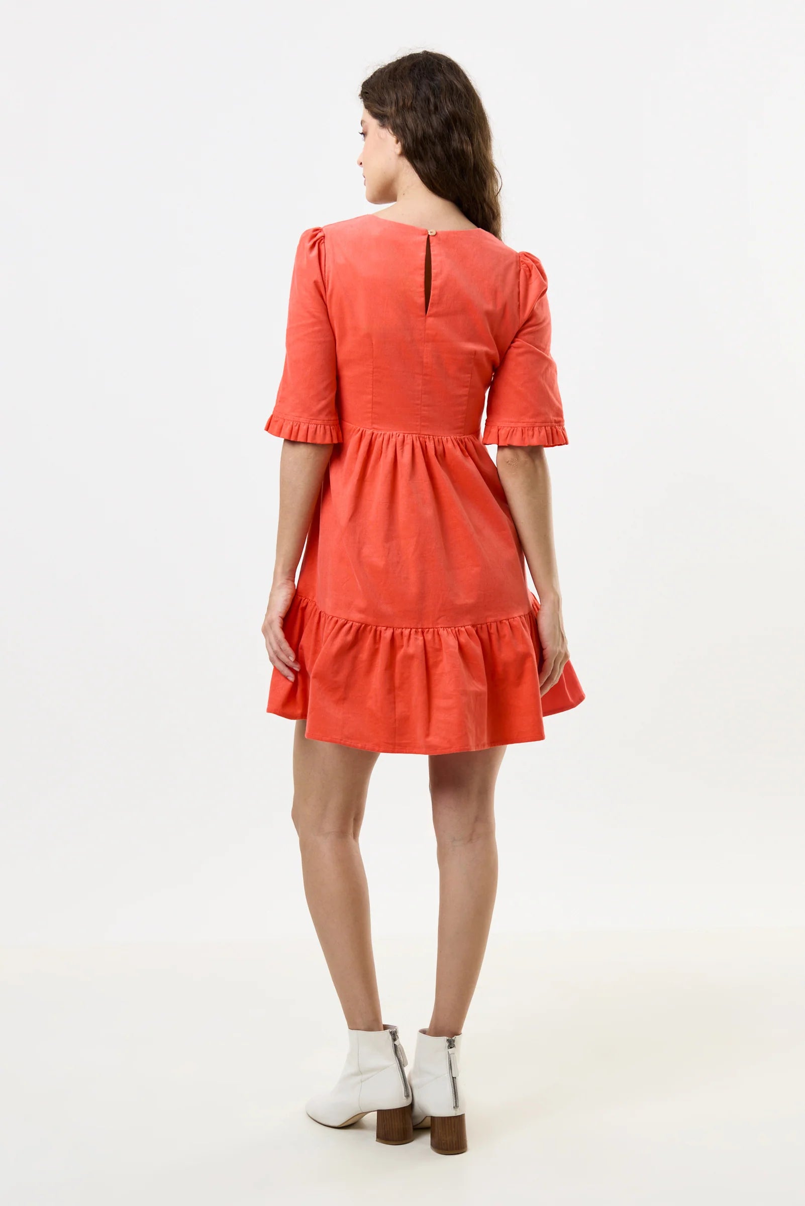 Sassa Lightweight Baby Cord Tiered Mini Dress - Apricot Dresses 8 8 10 12 14 16
