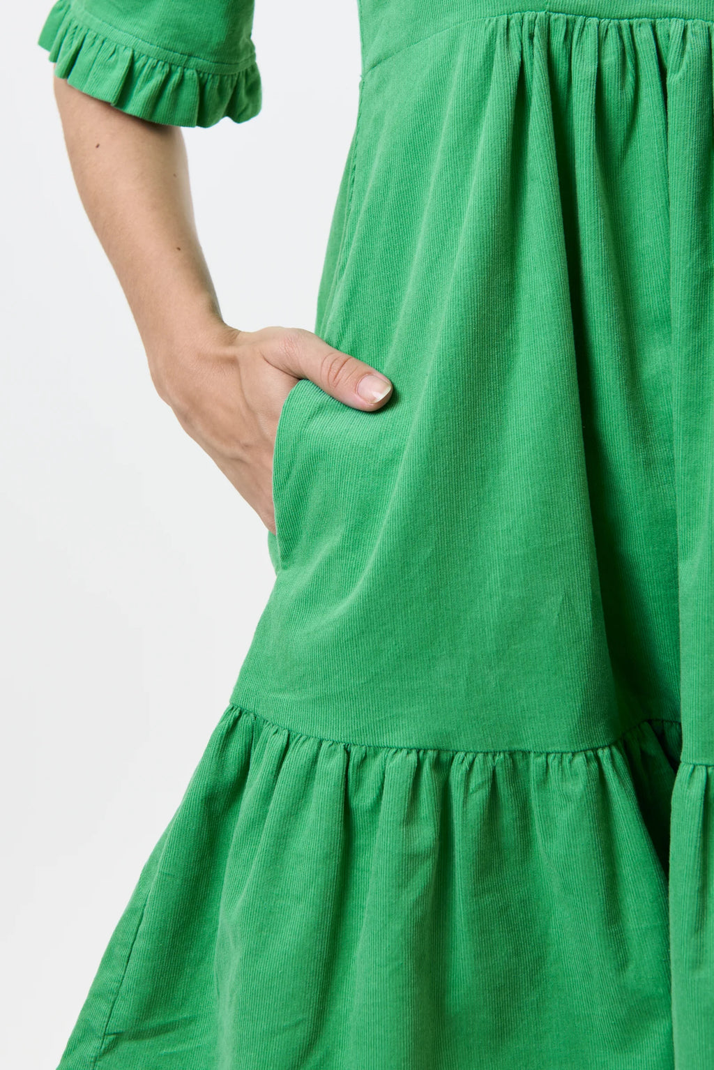 Sassa Lightweight Baby Cord Tiered Mini Dress - Green Dresses 8 8 10 12 14 16