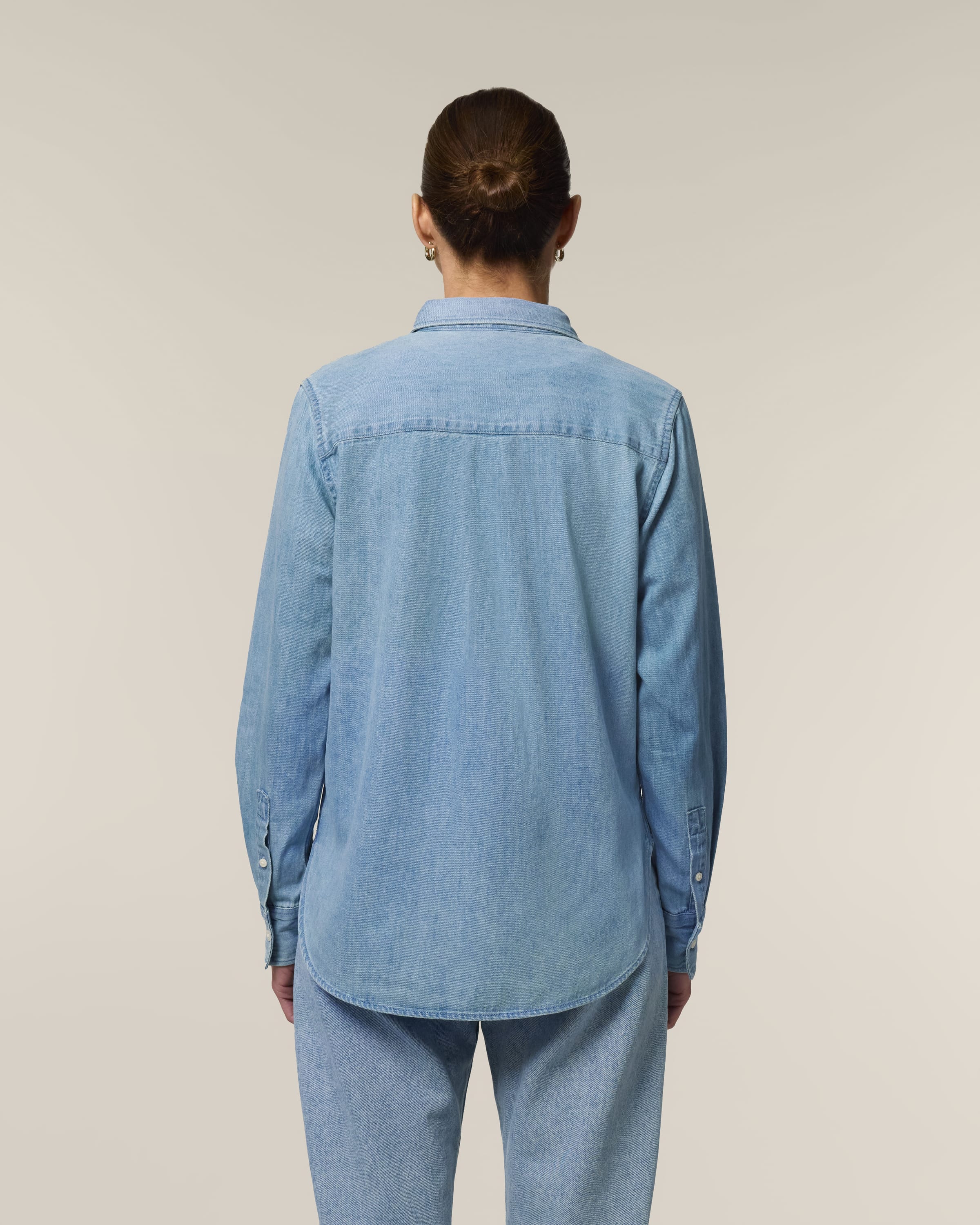 Organic Cotton Long Sleeve Denim Shirt: Womens XS Light Wash XS / Light Wash S / Light Wash M / Light Wash L / Light Wash XL / Light Wash 2XL / Light Wash XS / Mid Wash S / Mid Wash M / Mid Wash L / Mid Wash XL / Mid Wash 2XL / Mid Wash