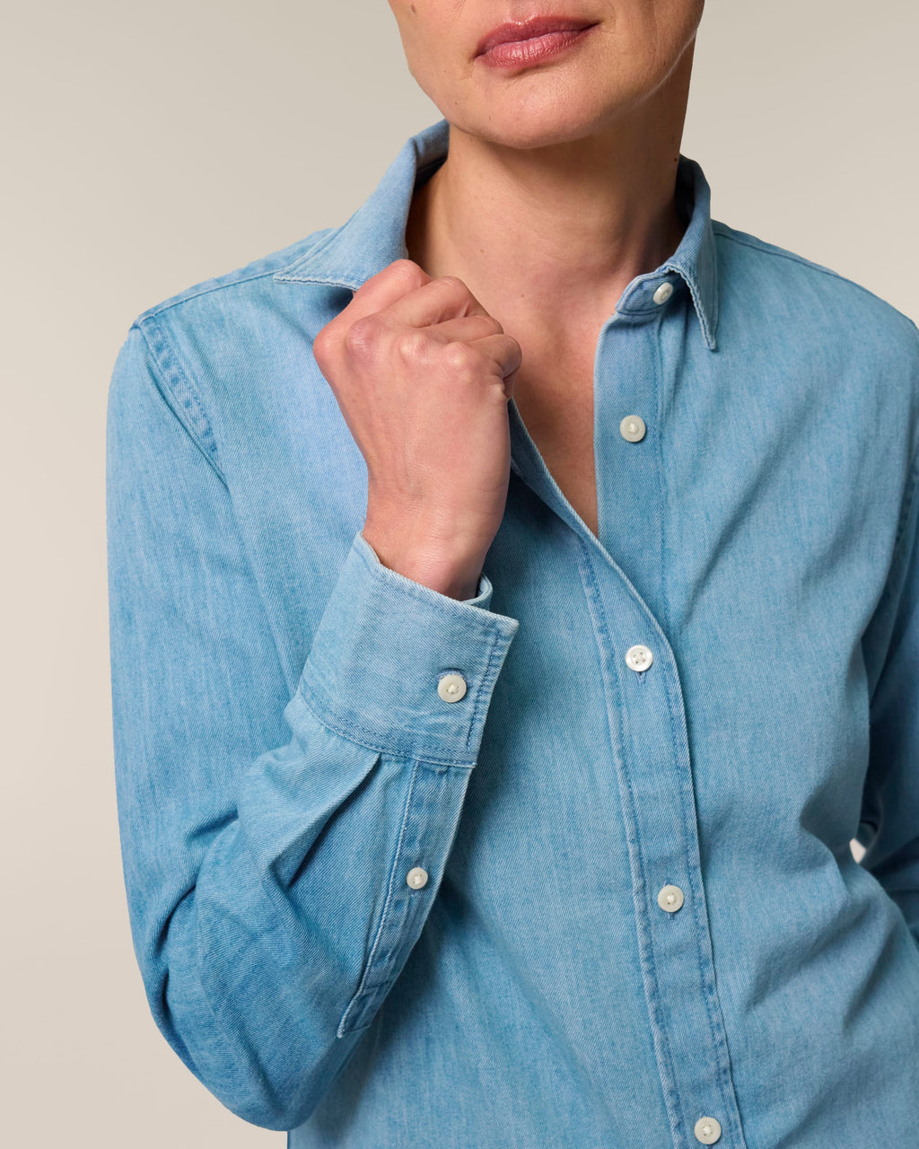 Organic Cotton Long Sleeve Denim Shirt: Womens XS Light Wash XS / Light Wash S / Light Wash M / Light Wash L / Light Wash XL / Light Wash 2XL / Light Wash XS / Mid Wash S / Mid Wash M / Mid Wash L / Mid Wash XL / Mid Wash 2XL / Mid Wash