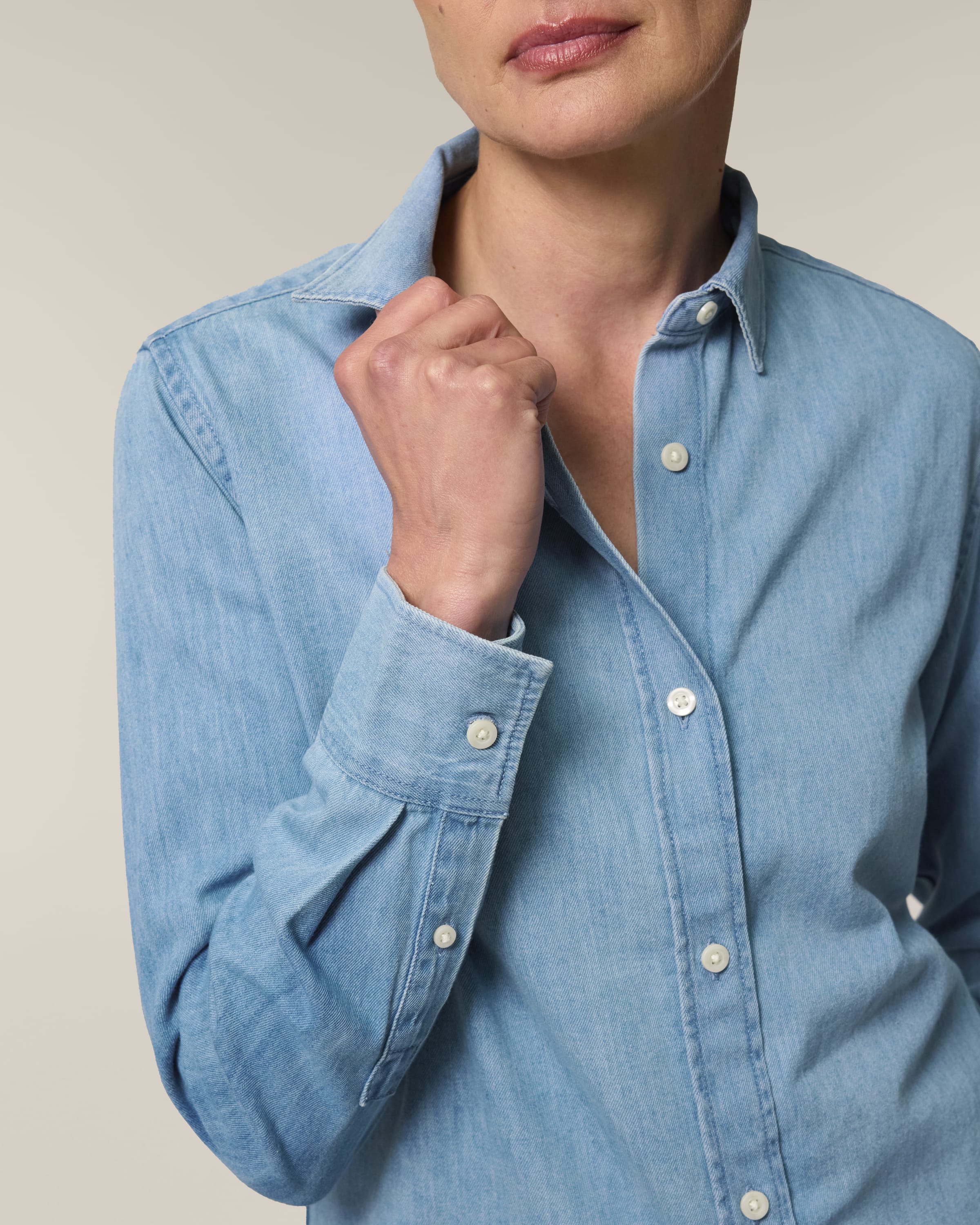Organic Cotton Long Sleeve Denim Shirt: Womens XS Light Wash XS / Light Wash S / Light Wash M / Light Wash L / Light Wash XL / Light Wash 2XL / Light Wash XS / Mid Wash S / Mid Wash M / Mid Wash L / Mid Wash XL / Mid Wash 2XL / Mid Wash