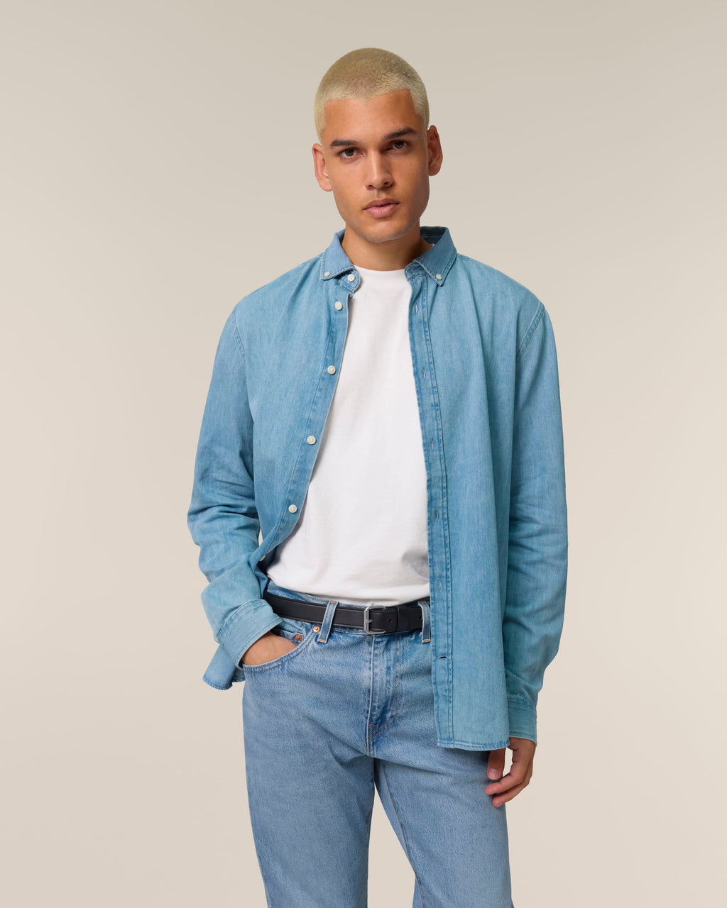 Organic Cotton Long Sleeve Denim Shirt: Mens S Light Wash S / Light Wash M / Light Wash L / Light Wash XL / Light Wash 2XL / Light Wash 3XL / Light Wash S / Mid Wash M / Mid Wash L / Mid Wash XL / Mid Wash 2XL / Mid Wash 3XL / Mid Wash