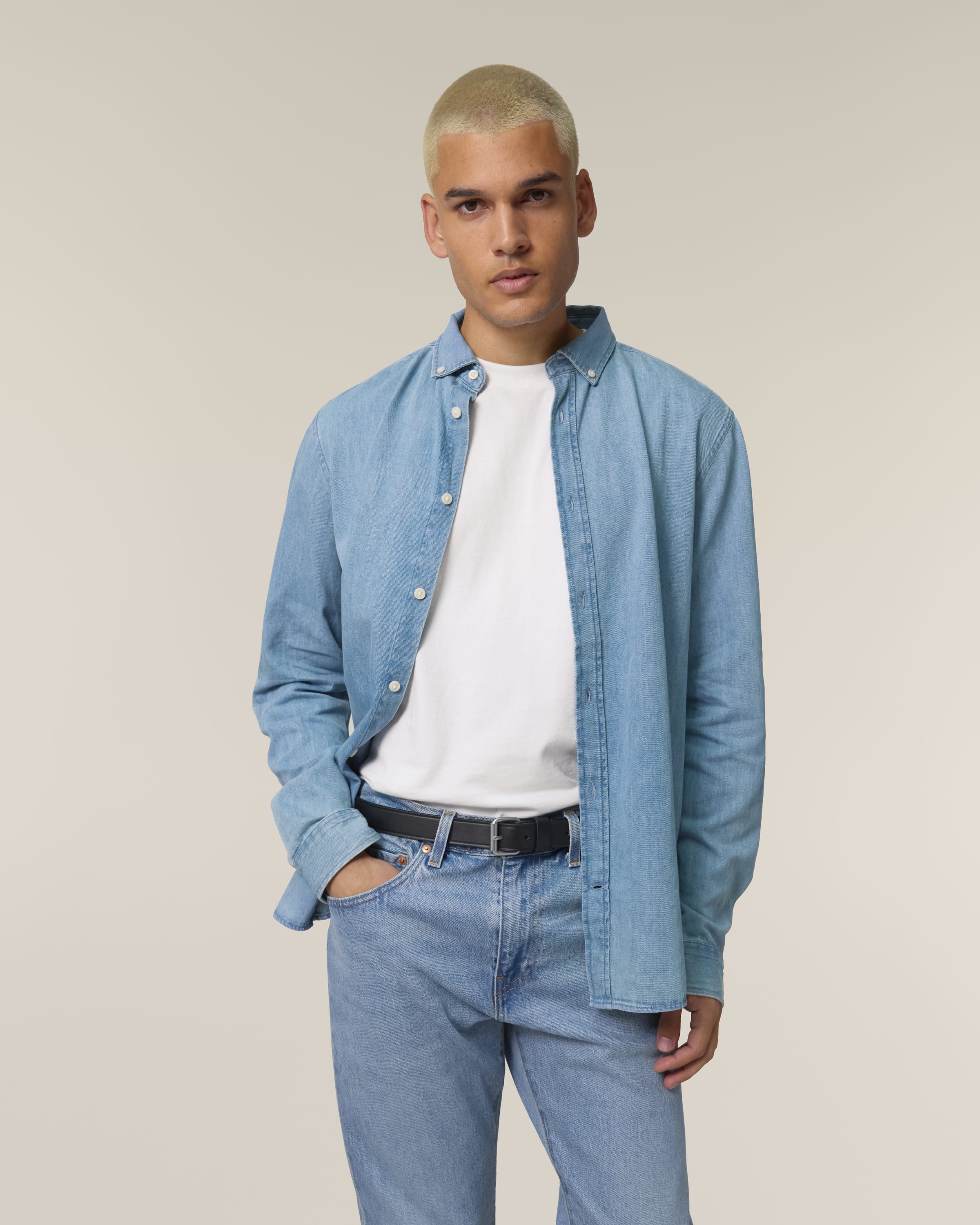 Organic Cotton Long Sleeve Denim Shirt: Mens S Light Wash S / Light Wash M / Light Wash L / Light Wash XL / Light Wash 2XL / Light Wash 3XL / Light Wash S / Mid Wash M / Mid Wash L / Mid Wash XL / Mid Wash 2XL / Mid Wash 3XL / Mid Wash
