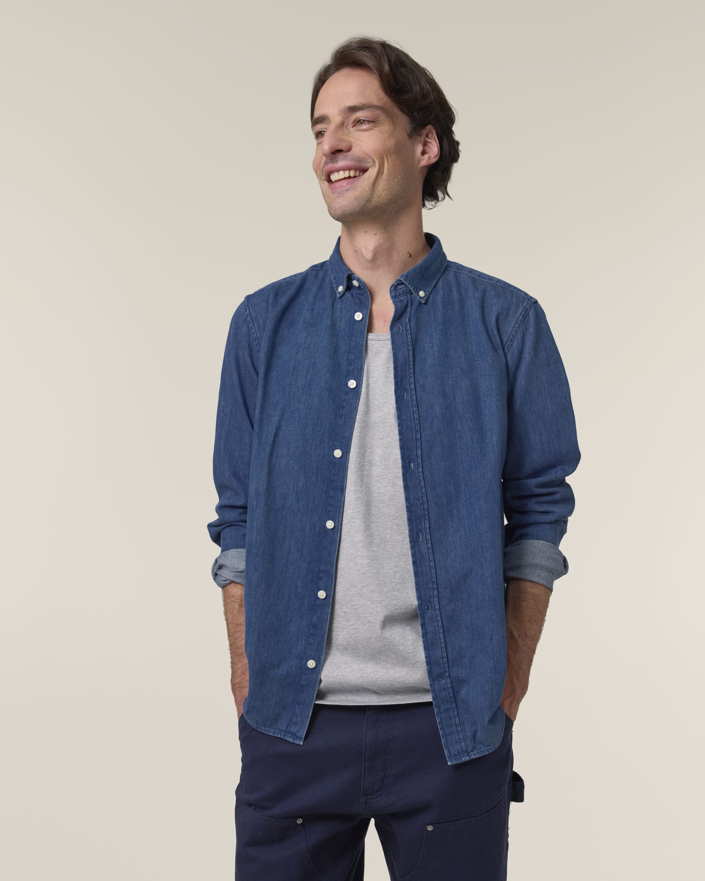 Organic Cotton Long Sleeve Denim Shirt: Mens S Light Wash S / Light Wash M / Light Wash L / Light Wash XL / Light Wash 2XL / Light Wash 3XL / Light Wash S / Mid Wash M / Mid Wash L / Mid Wash XL / Mid Wash 2XL / Mid Wash 3XL / Mid Wash