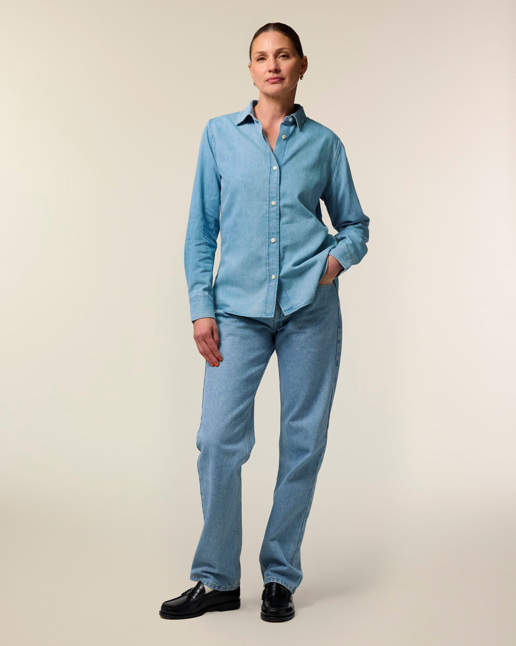 Organic Cotton Long Sleeve Denim Shirt: Womens XS Light Wash XS / Light Wash S / Light Wash M / Light Wash L / Light Wash XL / Light Wash 2XL / Light Wash XS / Mid Wash S / Mid Wash M / Mid Wash L / Mid Wash XL / Mid Wash 2XL / Mid Wash