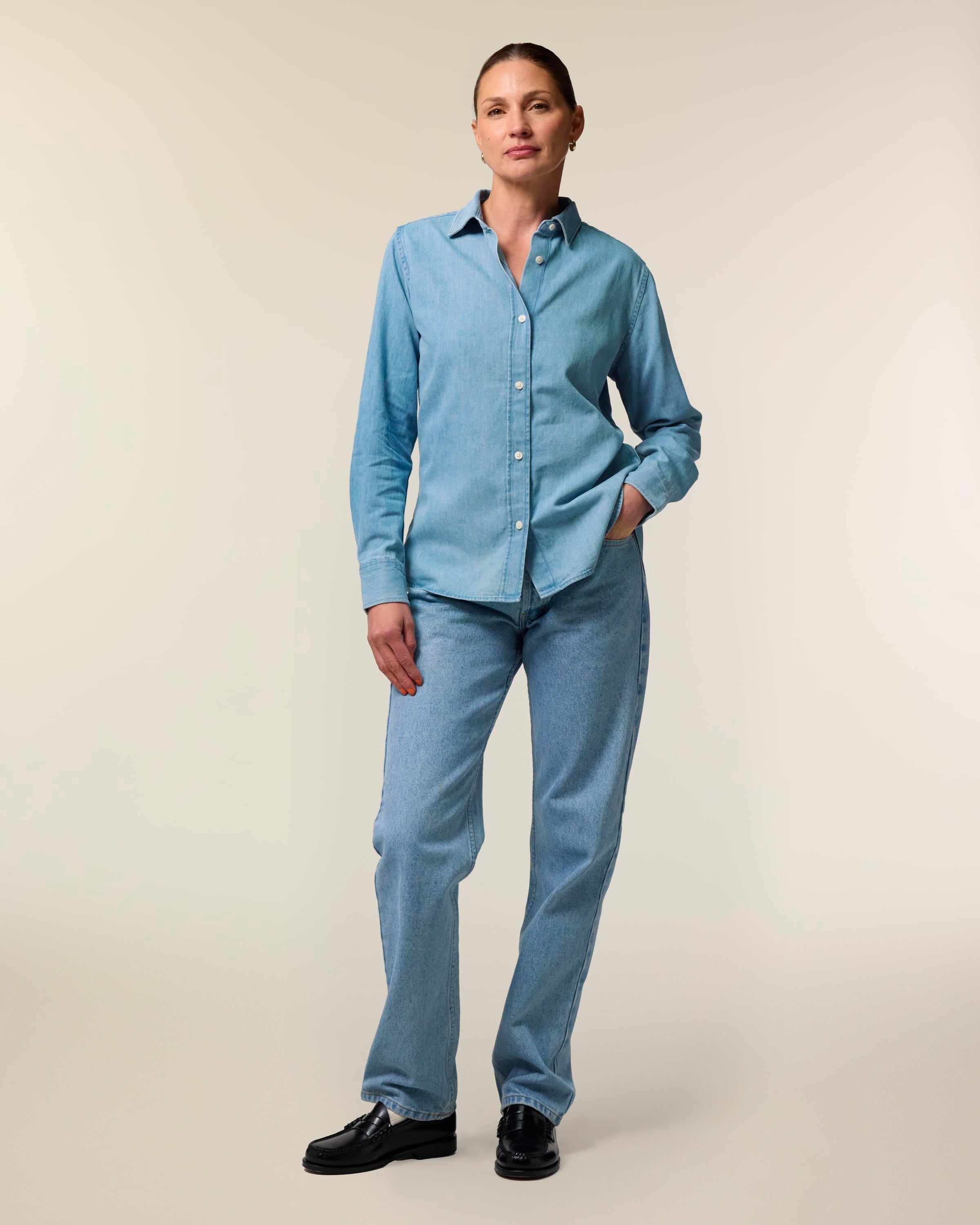 Organic Cotton Long Sleeve Denim Shirt: Womens XS Light Wash XS / Light Wash S / Light Wash M / Light Wash L / Light Wash XL / Light Wash 2XL / Light Wash XS / Mid Wash S / Mid Wash M / Mid Wash L / Mid Wash XL / Mid Wash 2XL / Mid Wash
