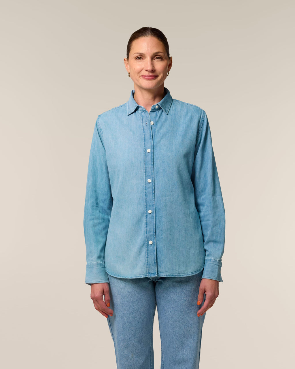Organic Cotton Long Sleeve Denim Shirt: Womens XS Light Wash XS / Light Wash S / Light Wash M / Light Wash L / Light Wash XL / Light Wash 2XL / Light Wash XS / Mid Wash S / Mid Wash M / Mid Wash L / Mid Wash XL / Mid Wash 2XL / Mid Wash