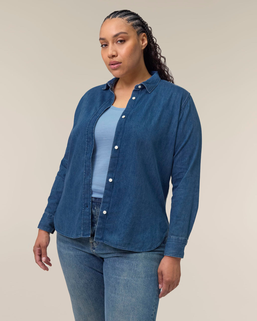 Organic Cotton Long Sleeve Denim Shirt: Womens XS Light Wash XS / Light Wash S / Light Wash M / Light Wash L / Light Wash XL / Light Wash 2XL / Light Wash XS / Mid Wash S / Mid Wash M / Mid Wash L / Mid Wash XL / Mid Wash 2XL / Mid Wash