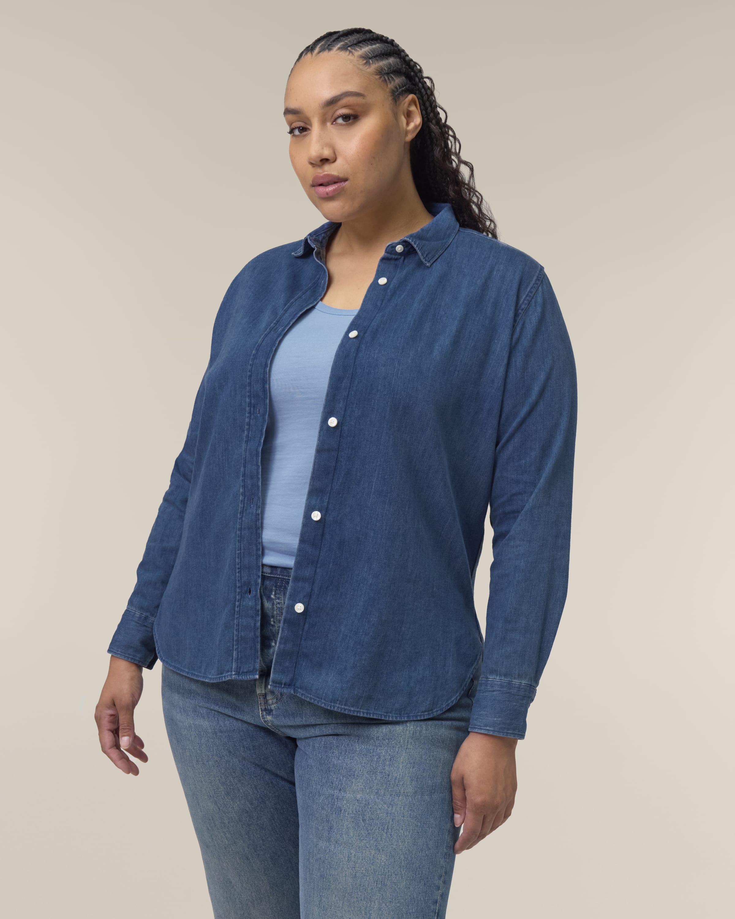 Organic Cotton Long Sleeve Denim Shirt: Womens XS Light Wash XS / Light Wash S / Light Wash M / Light Wash L / Light Wash XL / Light Wash 2XL / Light Wash XS / Mid Wash S / Mid Wash M / Mid Wash L / Mid Wash XL / Mid Wash 2XL / Mid Wash