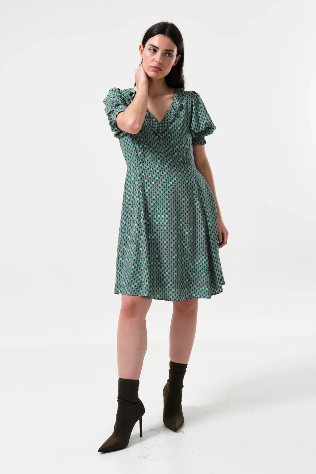 Solyne Flower Tile Print Mini Dress Dresses 8 Teal 8 / Teal 10 / Teal 12 / Teal 14 / Teal