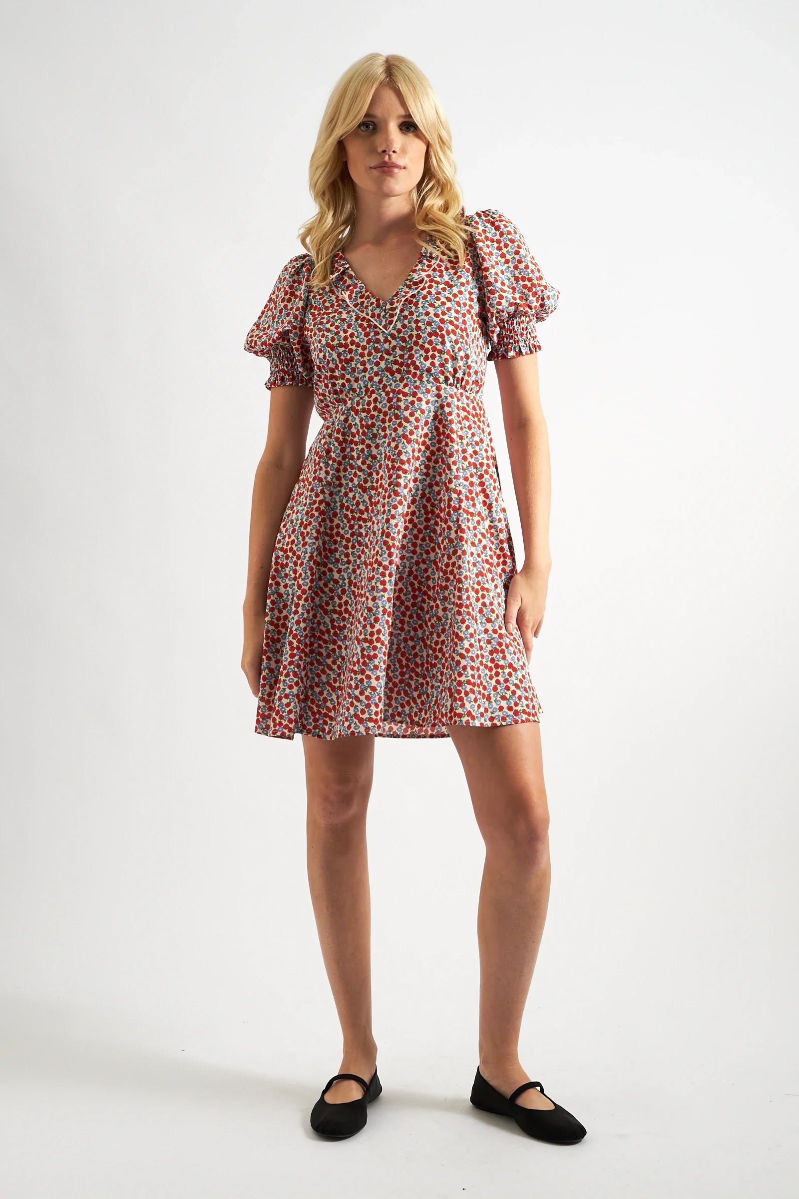 Solyne Strawberry Fields Print Frill V-Neck Mini Dress Dresses 8 Red/White 8 / Red/White 10 / Red/White 12 / Red/White 14 / Red/White 16 / Red/White