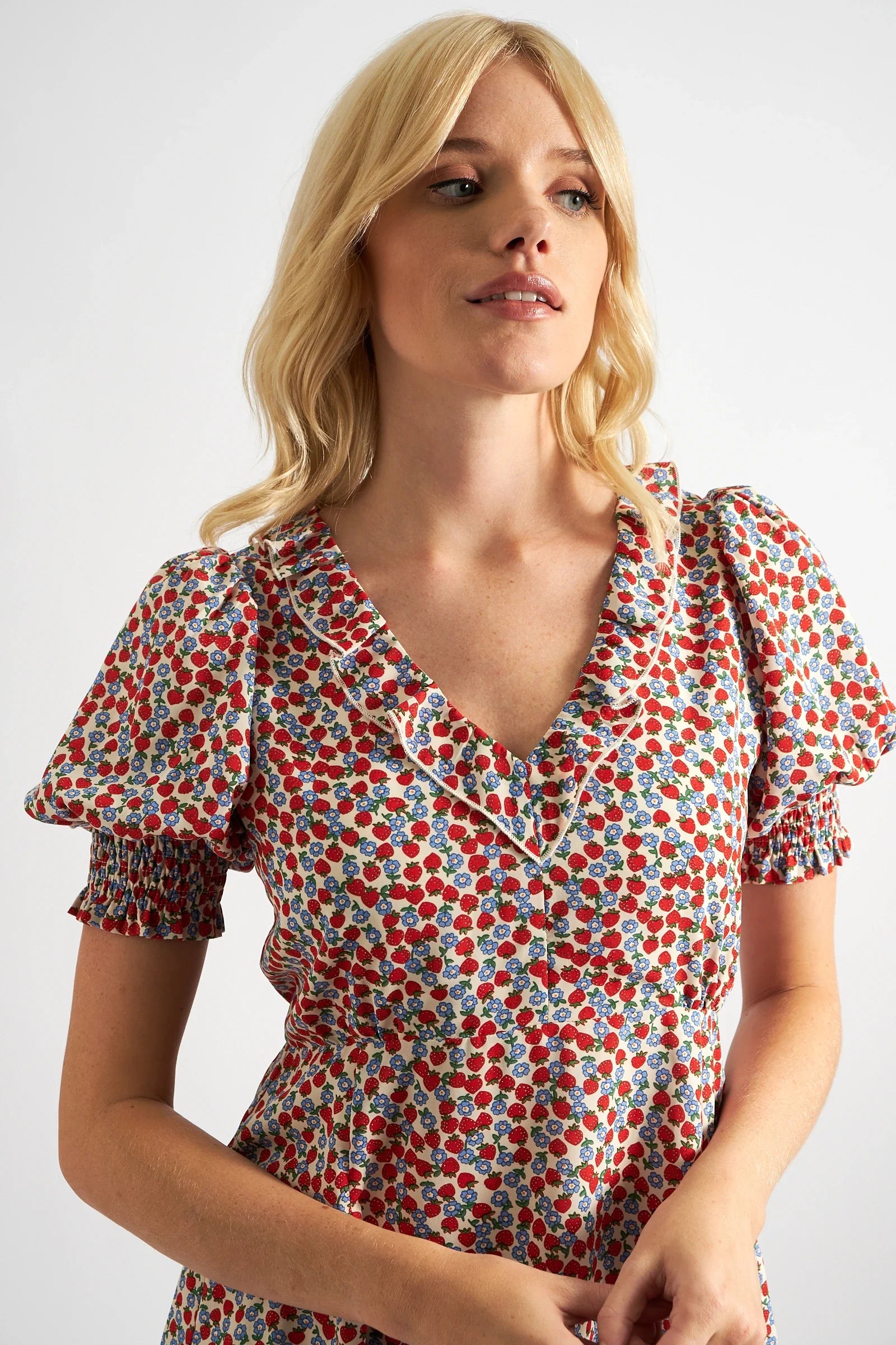Solyne Strawberry Fields Print Frill V-Neck Mini Dress Dresses 8 Red/White 8 / Red/White 10 / Red/White 12 / Red/White 14 / Red/White 16 / Red/White