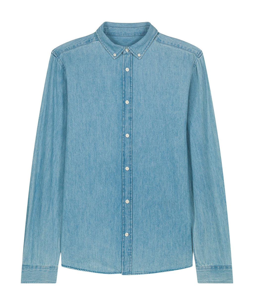 Organic Cotton Long Sleeve Denim Shirt: Mens S Light Wash S / Light Wash M / Light Wash L / Light Wash XL / Light Wash 2XL / Light Wash 3XL / Light Wash S / Mid Wash M / Mid Wash L / Mid Wash XL / Mid Wash 2XL / Mid Wash 3XL / Mid Wash