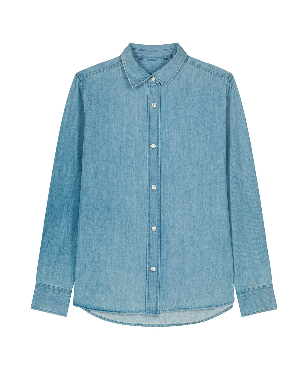 Organic Cotton Long Sleeve Denim Shirt: Womens XS Light Wash XS / Light Wash S / Light Wash M / Light Wash L / Light Wash XL / Light Wash 2XL / Light Wash XS / Mid Wash S / Mid Wash M / Mid Wash L / Mid Wash XL / Mid Wash 2XL / Mid Wash