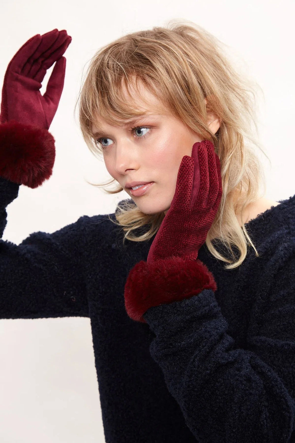 Louche Emer Faux Suede And Fur Cuffed Touch Screen Gloves - Burgundy gloves Burgundy Burgundy