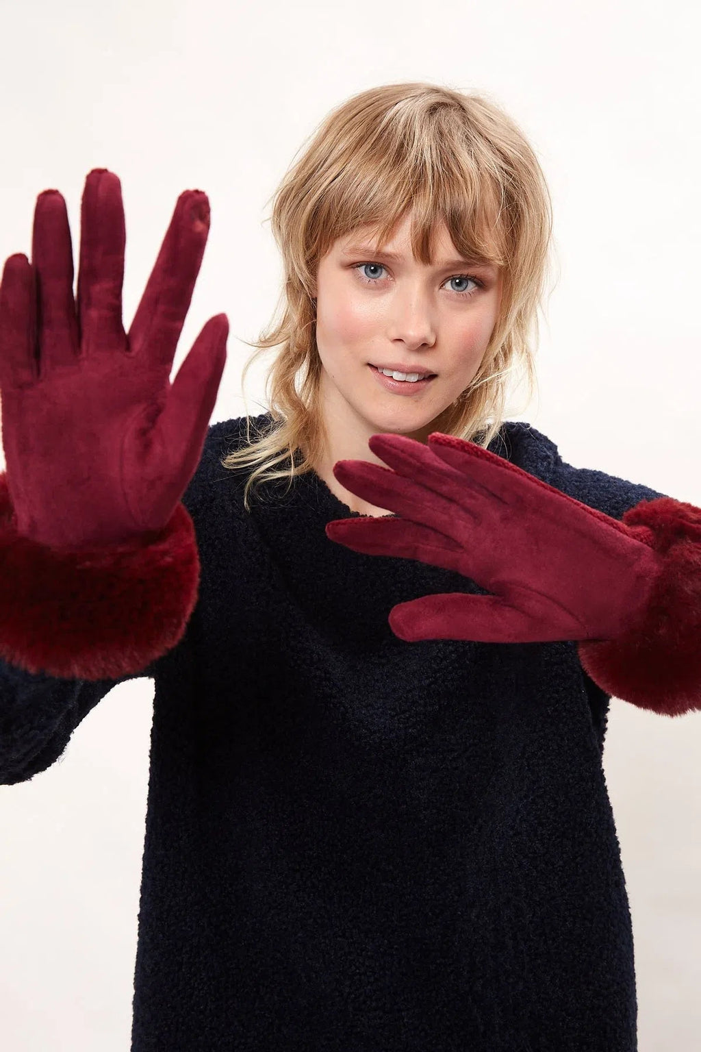 Louche Emer Faux Suede And Fur Cuffed Touch Screen Gloves - Burgundy gloves Burgundy Burgundy