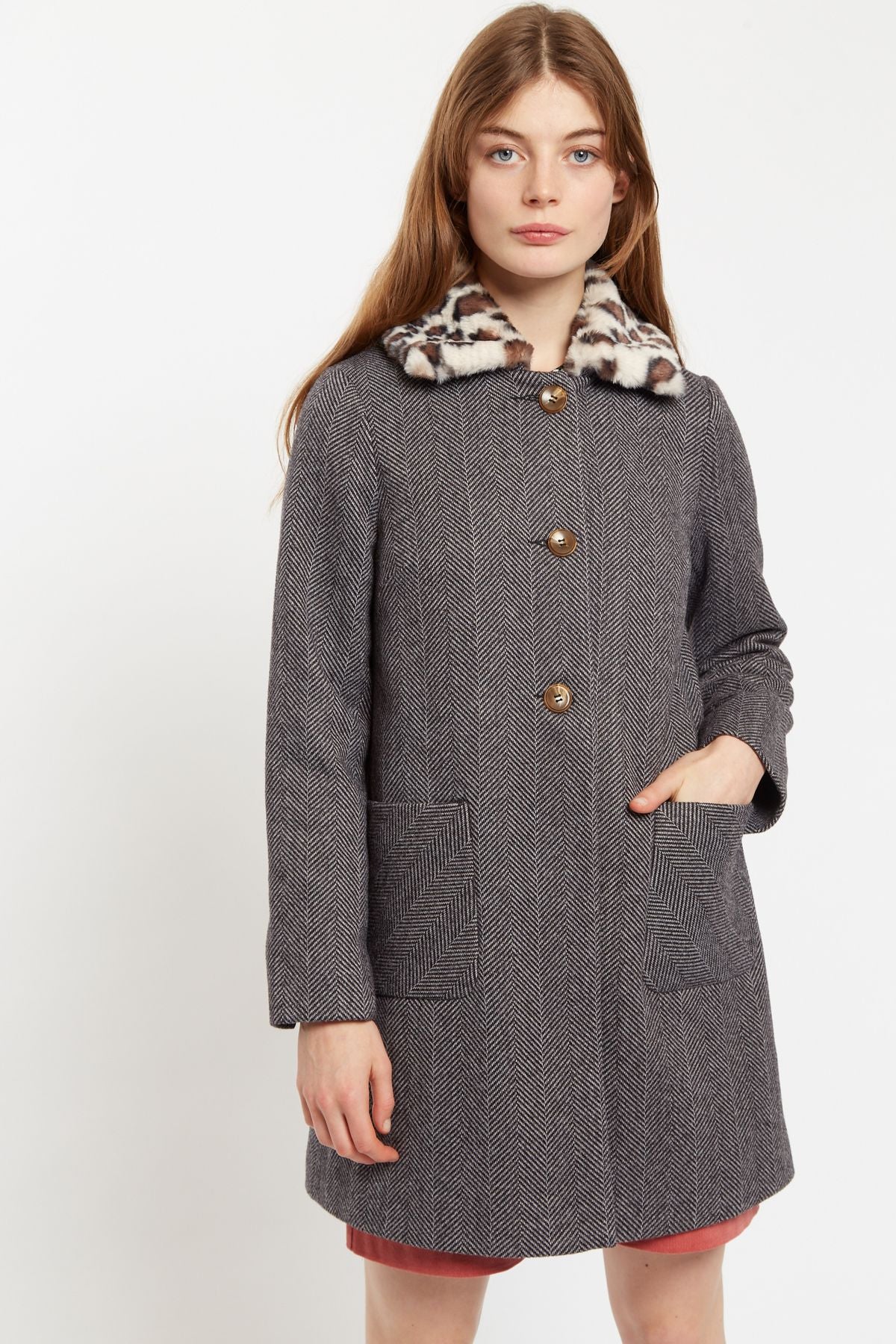Dryden Herringbone Faux Fur Collar A Line Coat Coats 8 8 10 12 14 16