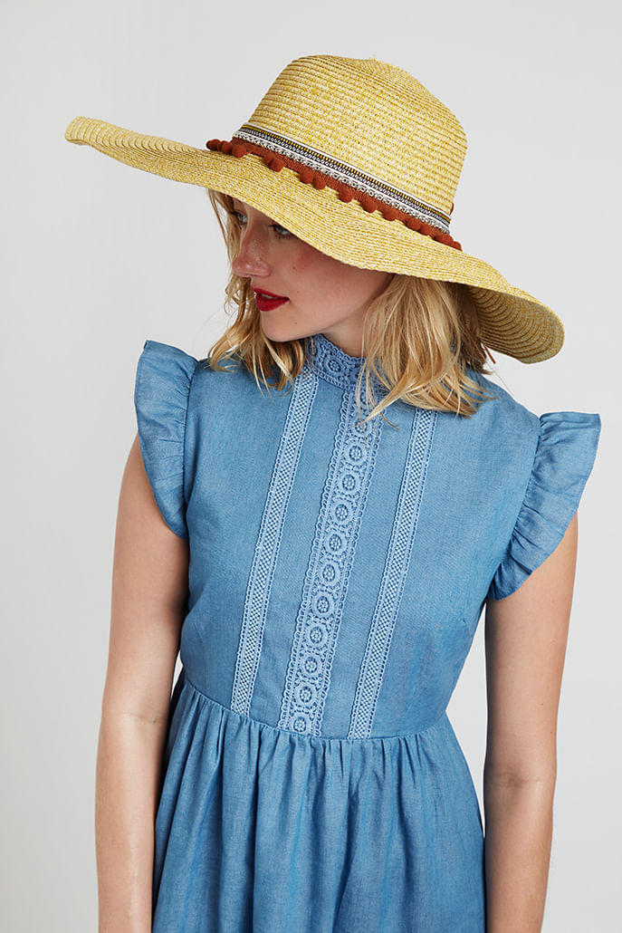 Louche January Large Brim Straw Hat With Pom Trim Hats One Size One Size
