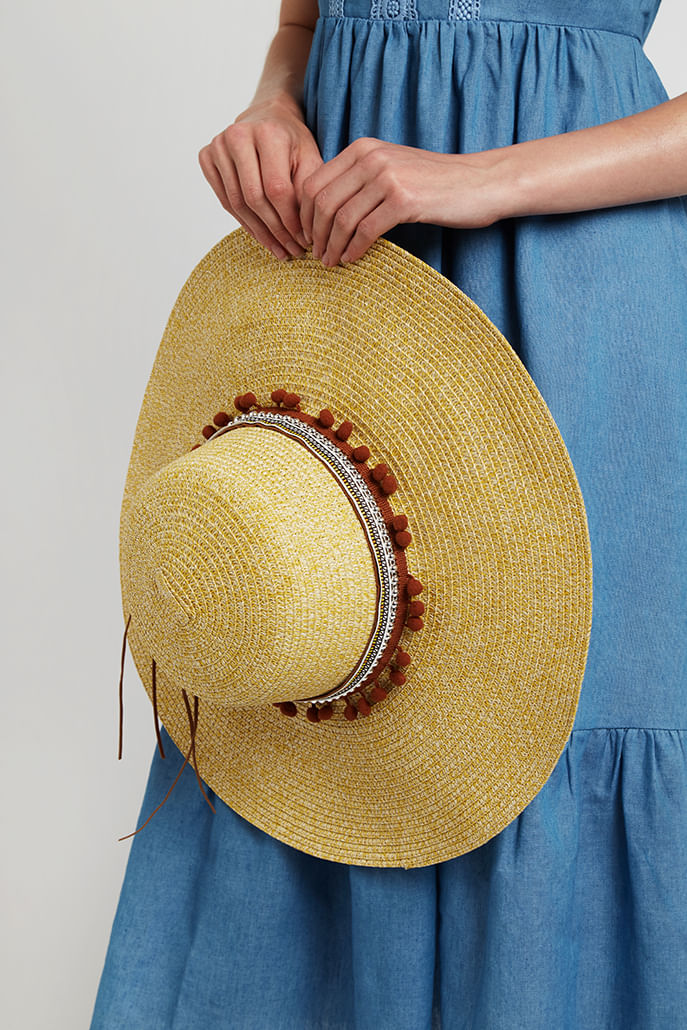 Louche January Large Brim Straw Hat With Pom Trim Hats One Size One Size