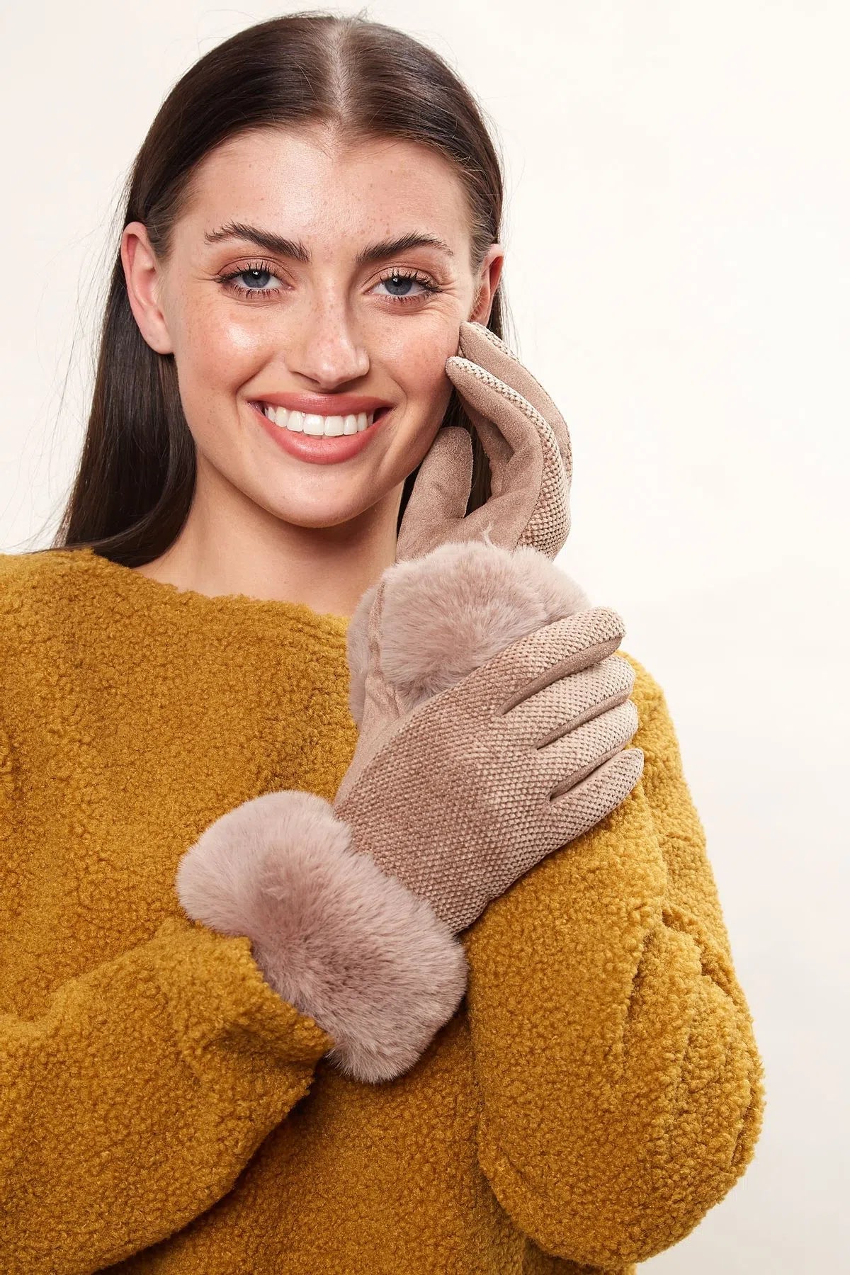 Louche Emer Faux Suede And Fur Cuffed Touch Screen Gloves - Stone gloves Stone Stone