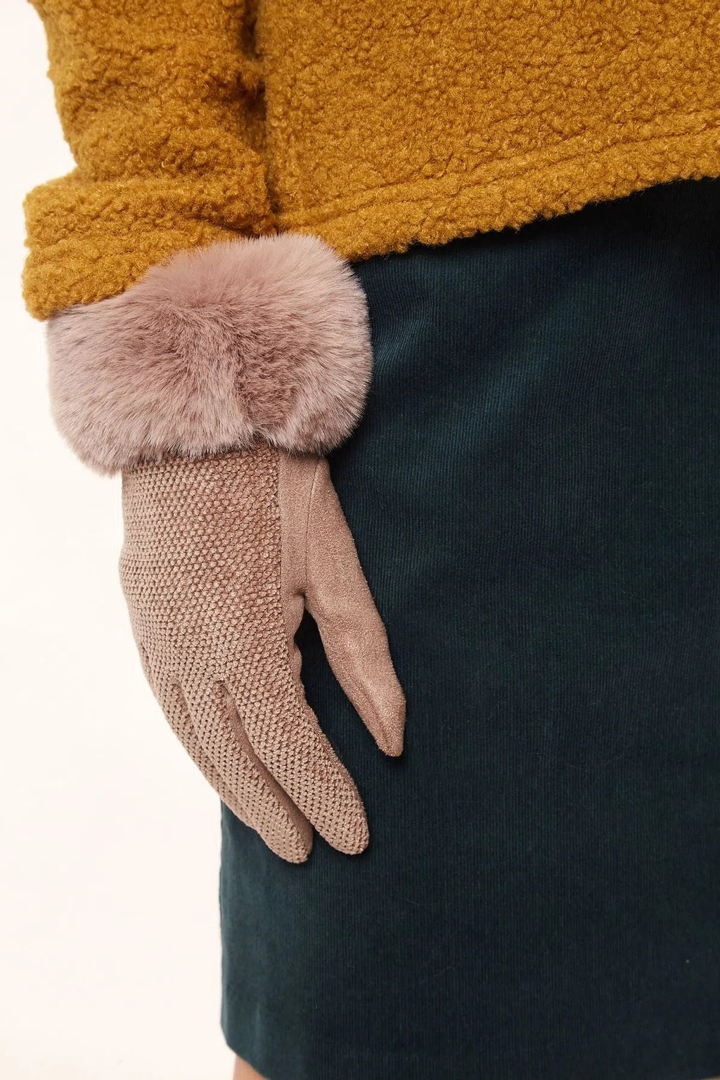 Louche Emer Faux Suede And Fur Cuffed Touch Screen Gloves - Stone gloves Stone Stone