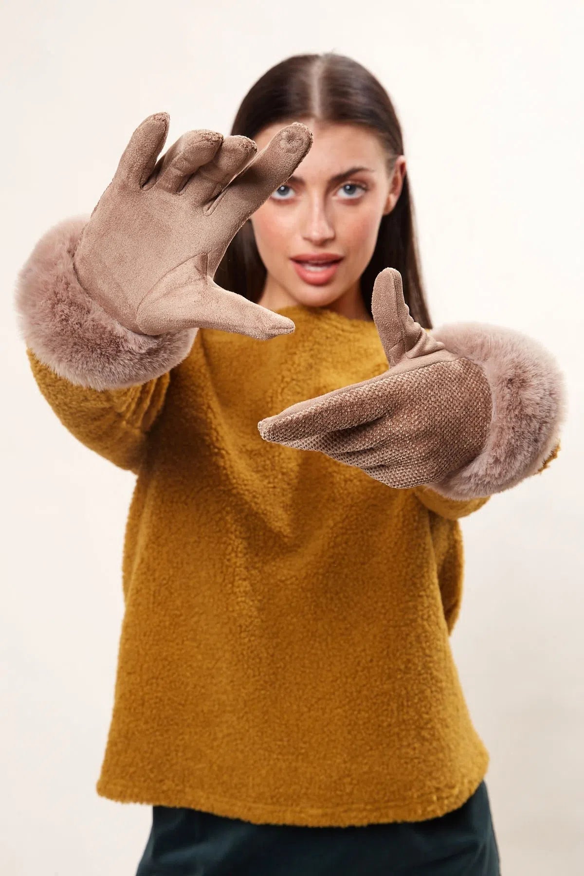 Louche Emer Faux Suede And Fur Cuffed Touch Screen Gloves - Stone gloves Stone Stone