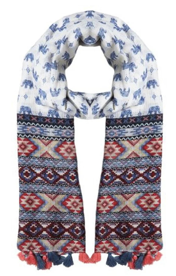 Hondo Elephant Print Tassel Scarf scarves Multi Colour Multi Colour
